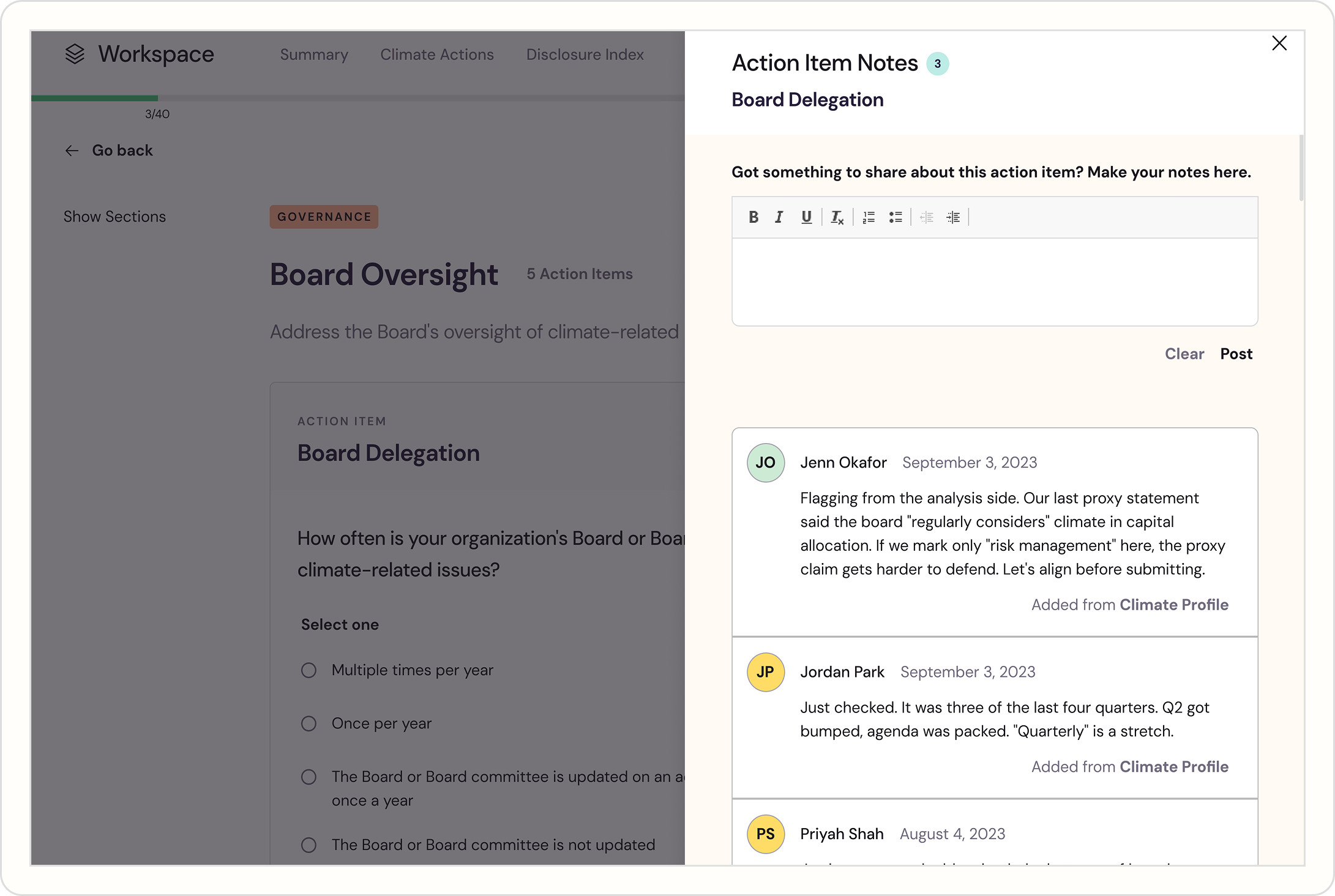 Action Item Notes panel: teammates leaving notes on a Board Delegation action item